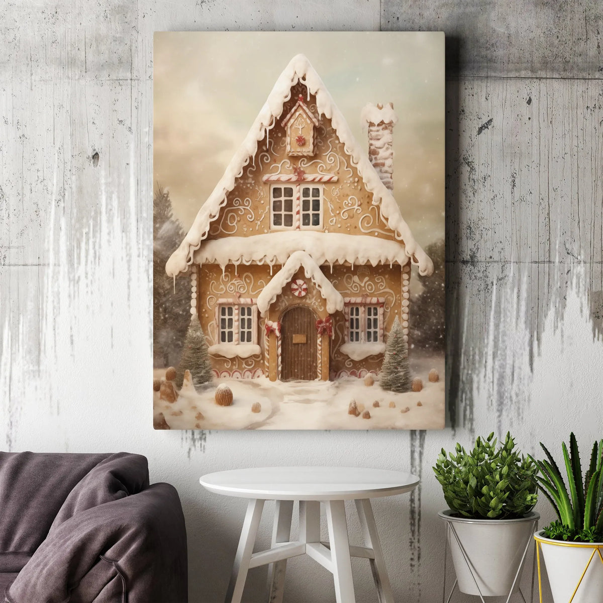 Whimsical Snowy Winter Landscape Canvas, Gingerbread House Christmas Canvas Wall Art, Festive Holiday Canvas Print, Comfy Xma