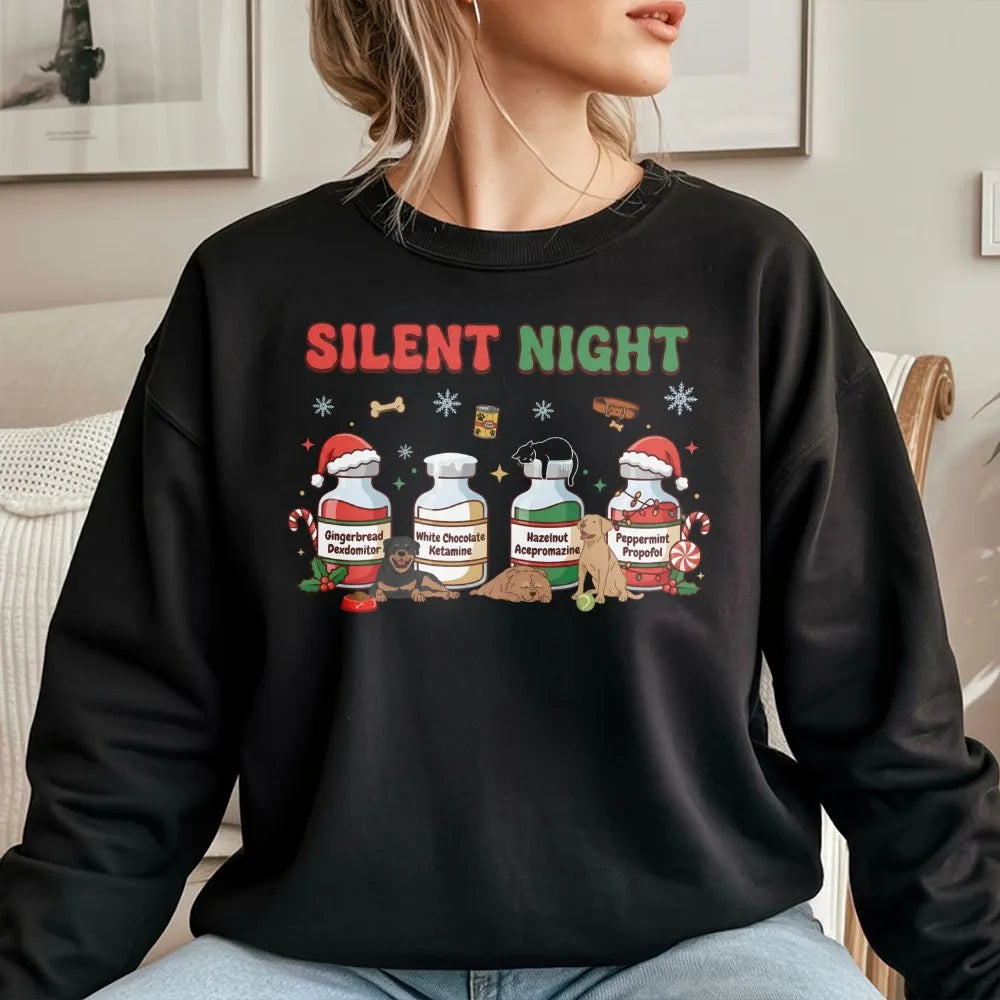 Humorous Veterinary Christmas Crewneck, Silent Night Vet Med Sweatshirt, Vet Tech Holiday Pullover, Vet Clinic Sweatshirt, Nu