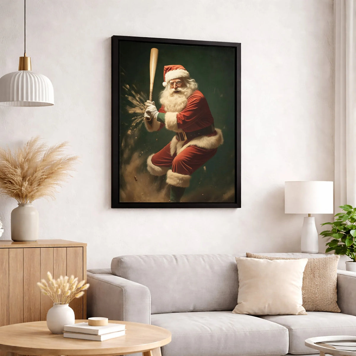 Action Sports Holiday Canvas, Santa Claus Baseball Canvas Print, Christmas Baseball Wall Art, Humorous Santa Sports Fan Canva