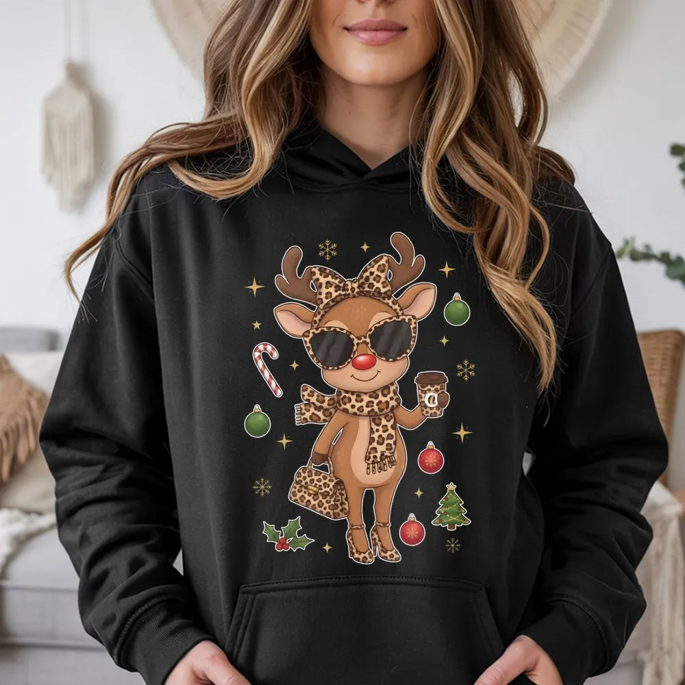 Leopard Print Christmas Hoodie, Boujee Reindeer Hoodie, Adorable Holiday Reindeer Hoodie, Festive Winter Sweatshirt, Xmas Pre