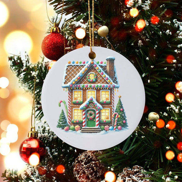 Candy Cane Christmas Ornament, Gingerbread House Ceramic Ornament, Festive Holiday Tree Ornament, Adorable Winter Keepsake, F