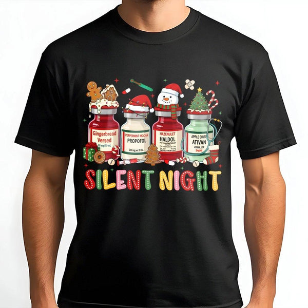 Medical Holiday Vials Nurse Shirt, Silent Night Christmas Nurse T-Shirt, Humorous ICU Nurse Christmas Tee, Healthcare Worker 
