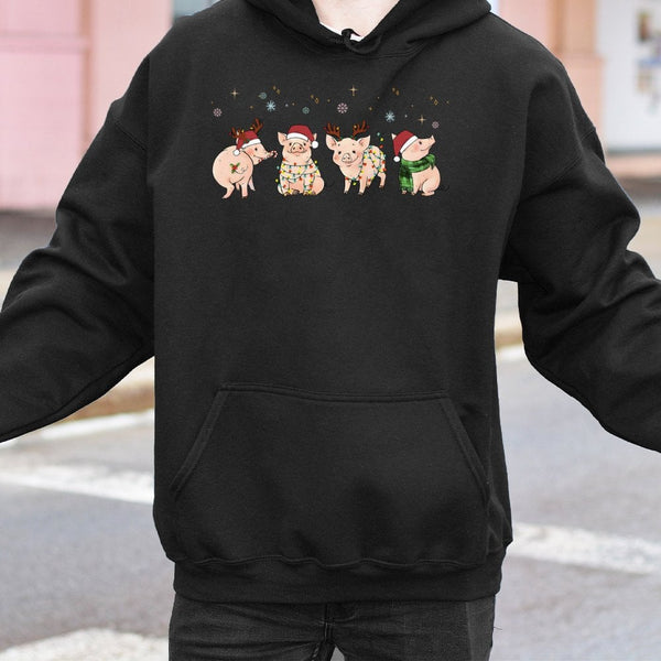 Adorable Festive Farm Animal Hooded Sweatshirt, Christmas Pig Hoodie, Merry Pigmas Graphic Pullover, Humorous Winter Animal H