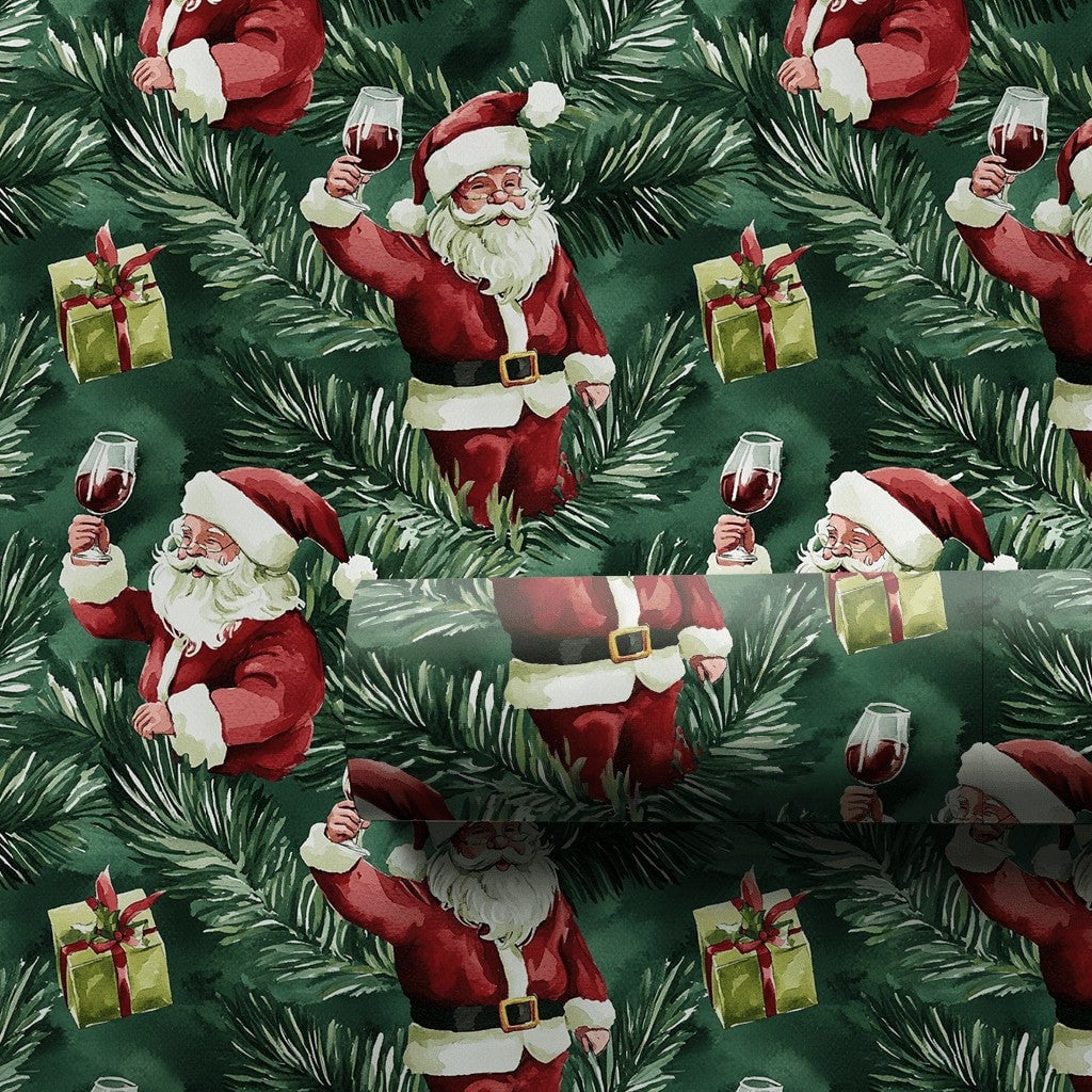 Humorous Wine Lover Gift Wrap, Santa Wine Toast Christmas Wrapping Paper, Holiday Santa Claus Wrapping Paper, Festive Pine Pr