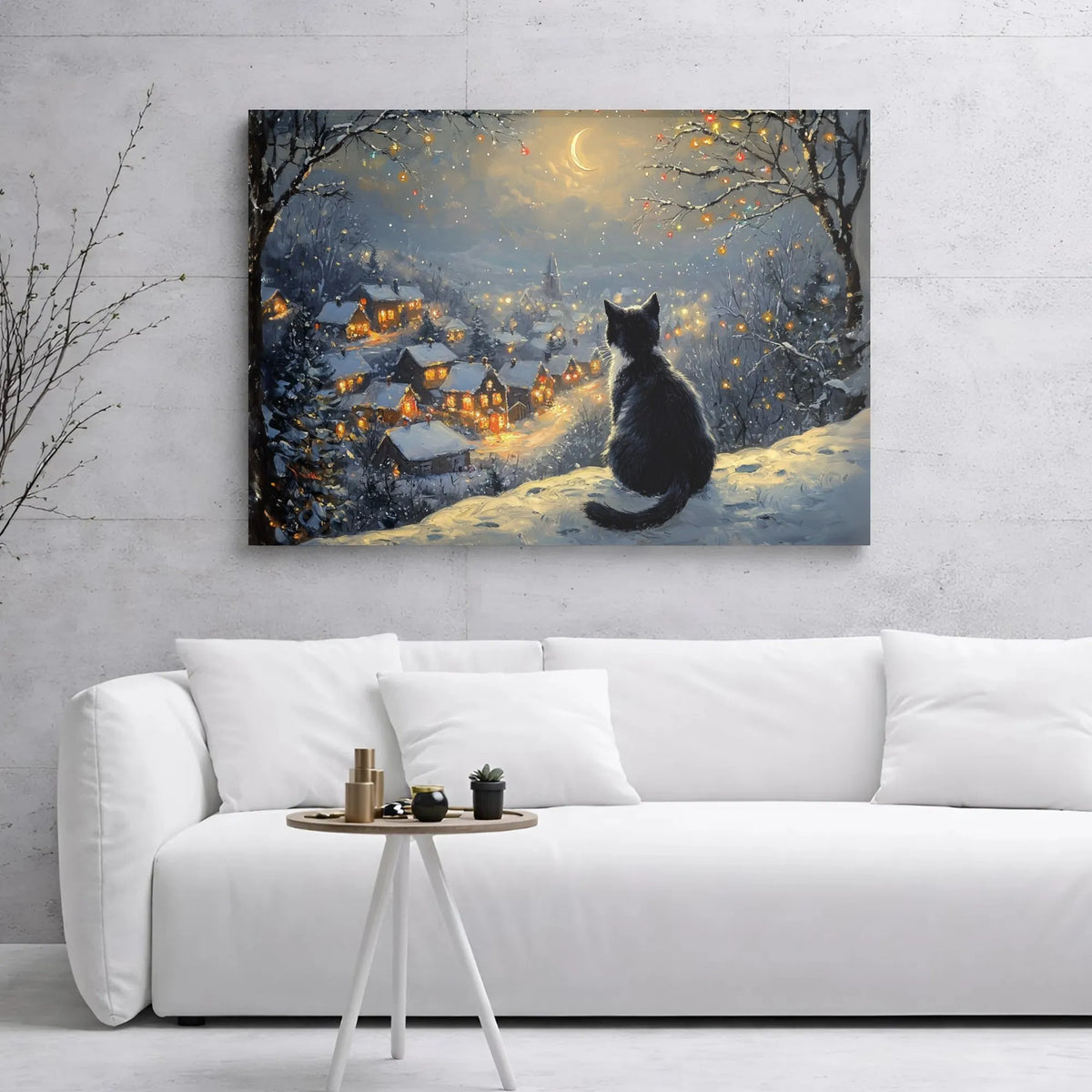 Snowy Christmas Night Art Poster, Black Cat Winter Village Canvas Wall Art, Comfy Holiday Wall Decor Print, Cat Lover Digital