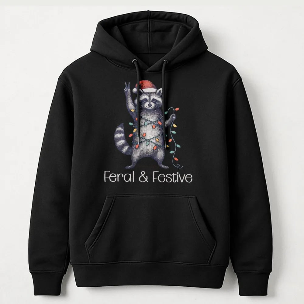 Humorous Christmas Animal Graphic Sweatshirt, Feral and Festive Raccoon Hoodie, Adorable Trash Panda Holiday Pullover, Retro 