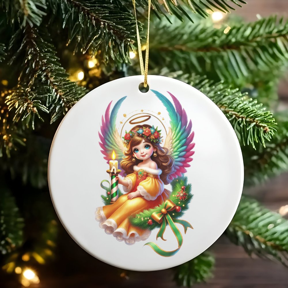 Rainbow Wings Holiday Angel Tree Ornament, Christmas Angel Ceramic Ornament, Adorable Celestial Keepsake, Festive Xmas Tree C