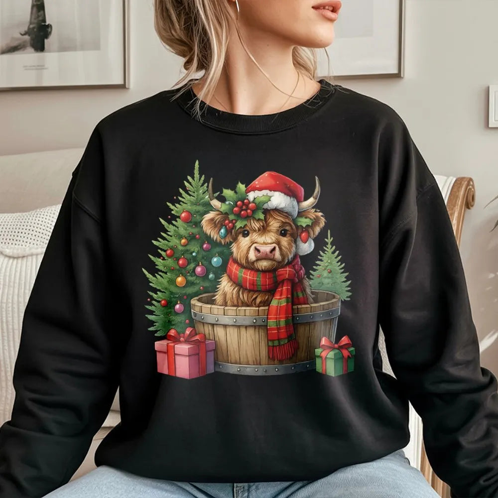 Santa Hat Cow Sweatshirt, Christmas Highland Cow Sweatshirt, Adorable Xmas Cow Crewneck, Festive Holiday Animal Sweater, Wint