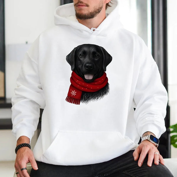 Adorable Dog Red Scarf Hoodie, Black Labrador Christmas Hoodie, Festive Pet Lover Sweatshirt, Black Lab Hooded Sweatshirt, Wi