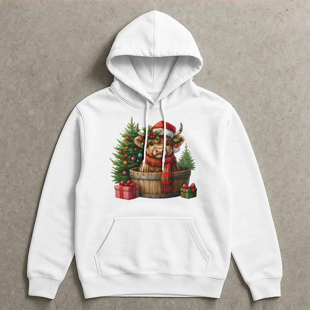 Baby Cow in Barrel Sweatshirt, Christmas Highland Cow Hoodie, Festive Farm Animal Pullover, Holiday Cow Hooded Sweatshirt, Xm