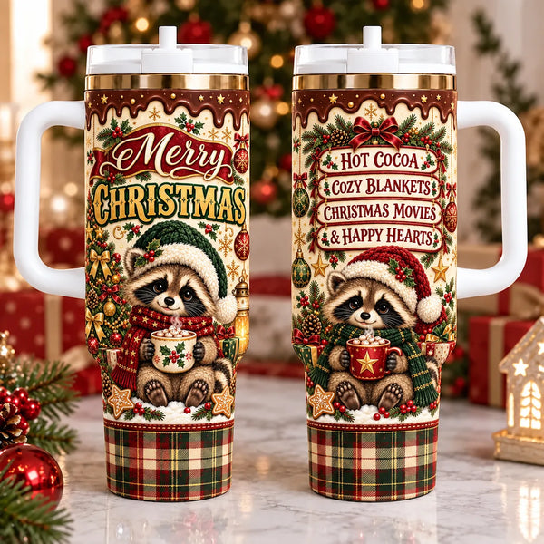 Hot Cocoa Comfy Blankets Holiday Tumbler, Cocoa Raccoon Christmas Tumbler, Adorable Raccoon 40oz Insulated Tumbler