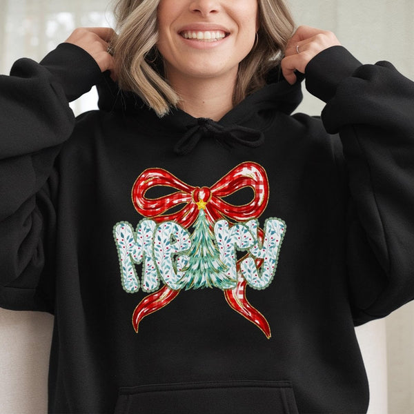 Coquette Bow Tree Hoodie, Merry Christmas Hoodie, Floral Christmas Hooded Sweatshirt, Preppy Holiday Pullover, Festive Presen