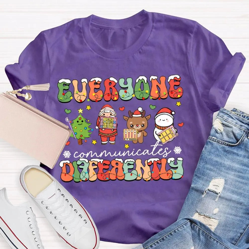 Festive Lights Neurodiversity Tee, Everyone Communicates Differently Christmas Shirt, SPED Teacher Holiday T-Shirt, ASL Xmas 