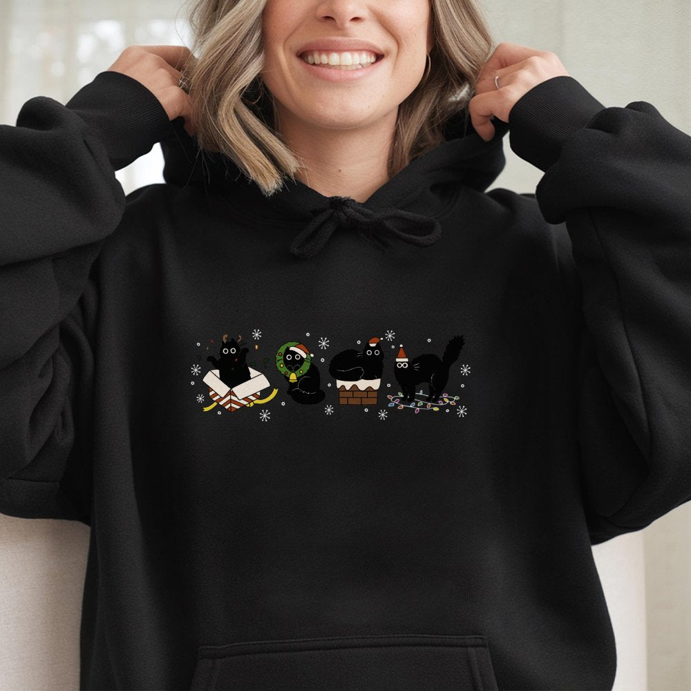 Festive Holiday Kitten Hooded Sweatshirt, Christmas Black Cat Hoodie, Adorable Winter Black Cat Sweater, Comfy Christmas Cat 