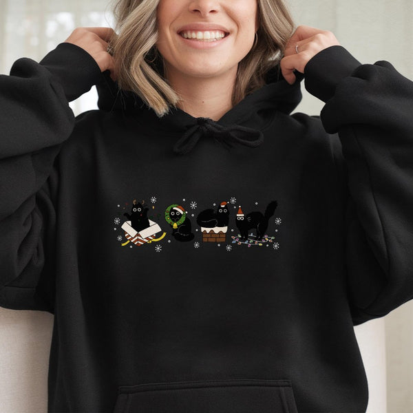 Festive Holiday Kitten Hooded Sweatshirt, Christmas Black Cat Hoodie, Adorable Winter Black Cat Sweater, Comfy Christmas Cat 