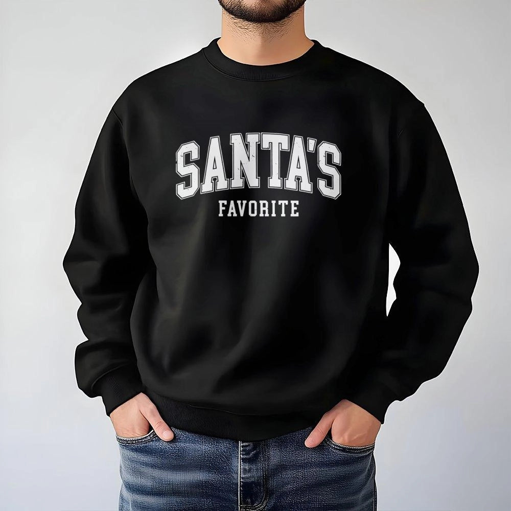 Retro Varsity Christmas Lettering Crewneck, Santa's Favorite Sweatshirt, Humorous Santa Claus Holiday Sweater, Comfy Merry Xm