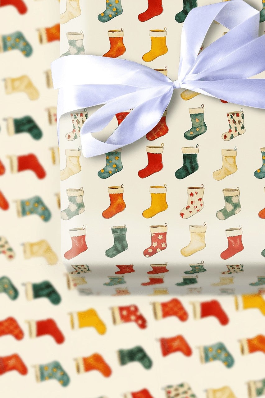 Vintage Holiday Gift Wrap, Christmas Stocking Wrapping Paper, Colorful Festive Christmas Wrapping Paper Roll, Traditional Xma