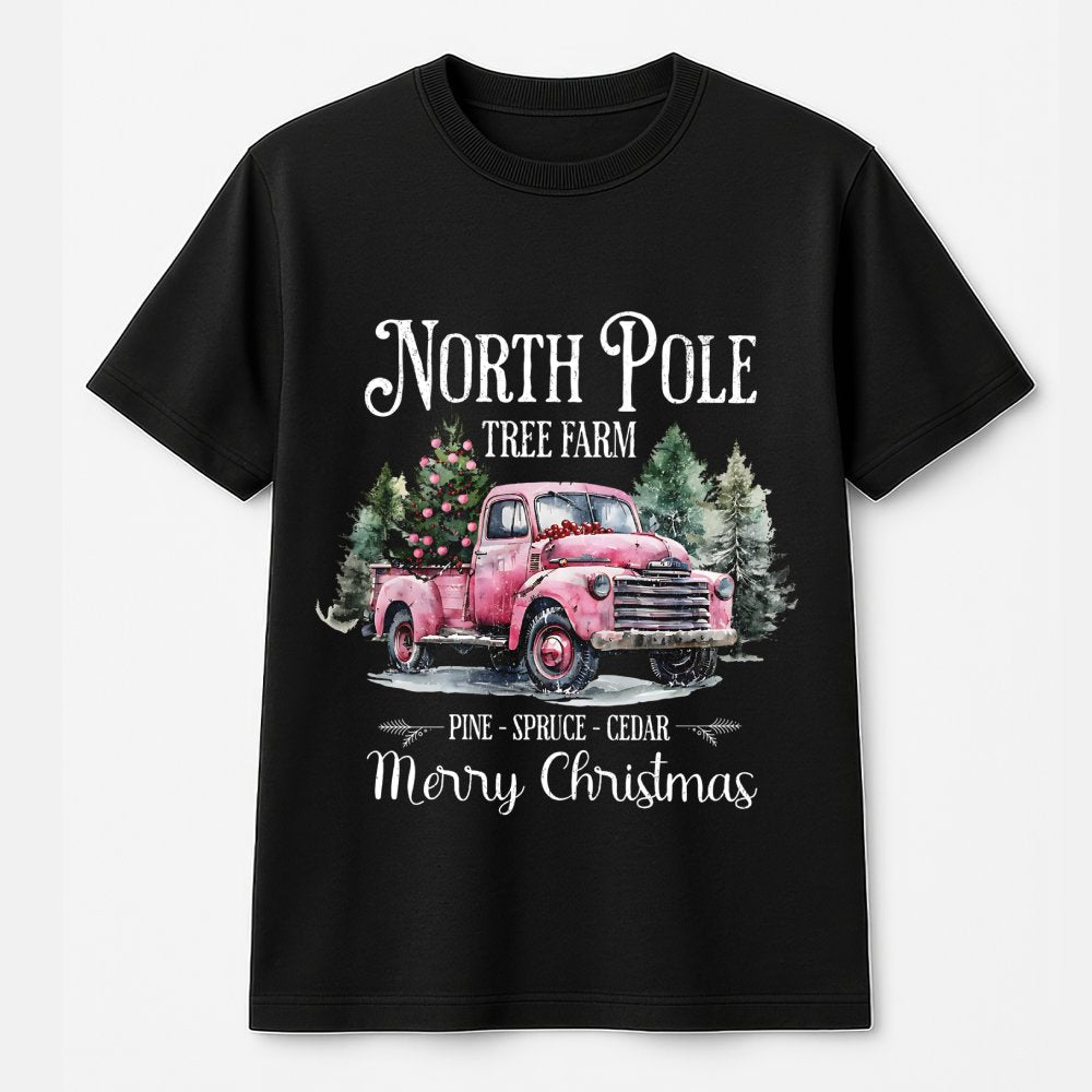 Vintage Pink Truck Christmas Shirt, North Pole Tree Farm T-Shirt, Retro Holiday Graphic Tee, Adorable Farmhouse Winter T-Shir