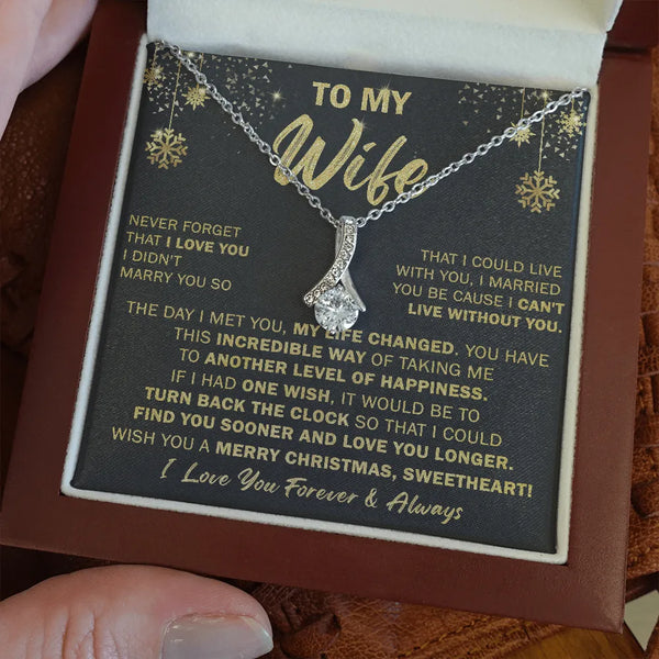 Sparkling Ribbon Pendant Necklace, To My Wife Necklace, 14k White Gold Ribbon Necklace, Romantic Wife Jewelry, Christmas Pres