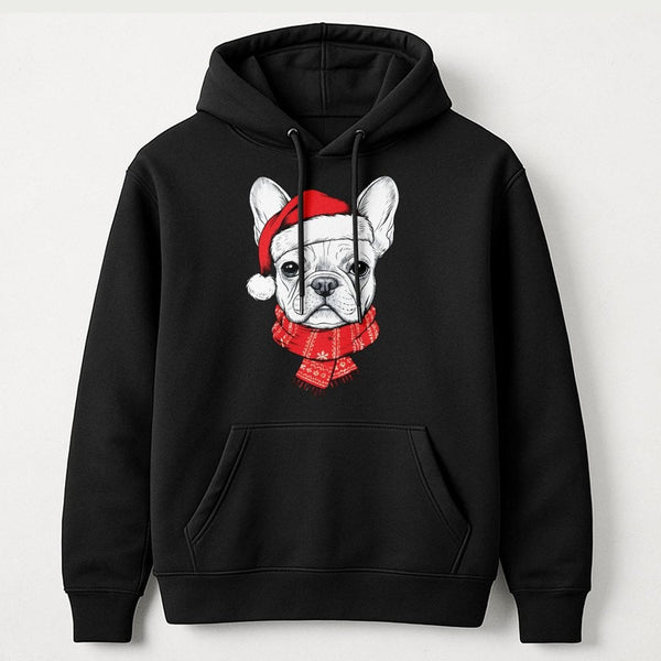 Adorable Santa Hat Frenchie Hoodie, French Bulldog Christmas Hoodie, Humorous Holiday Dog Sweatshirt, Winter Xmas Hooded Pull