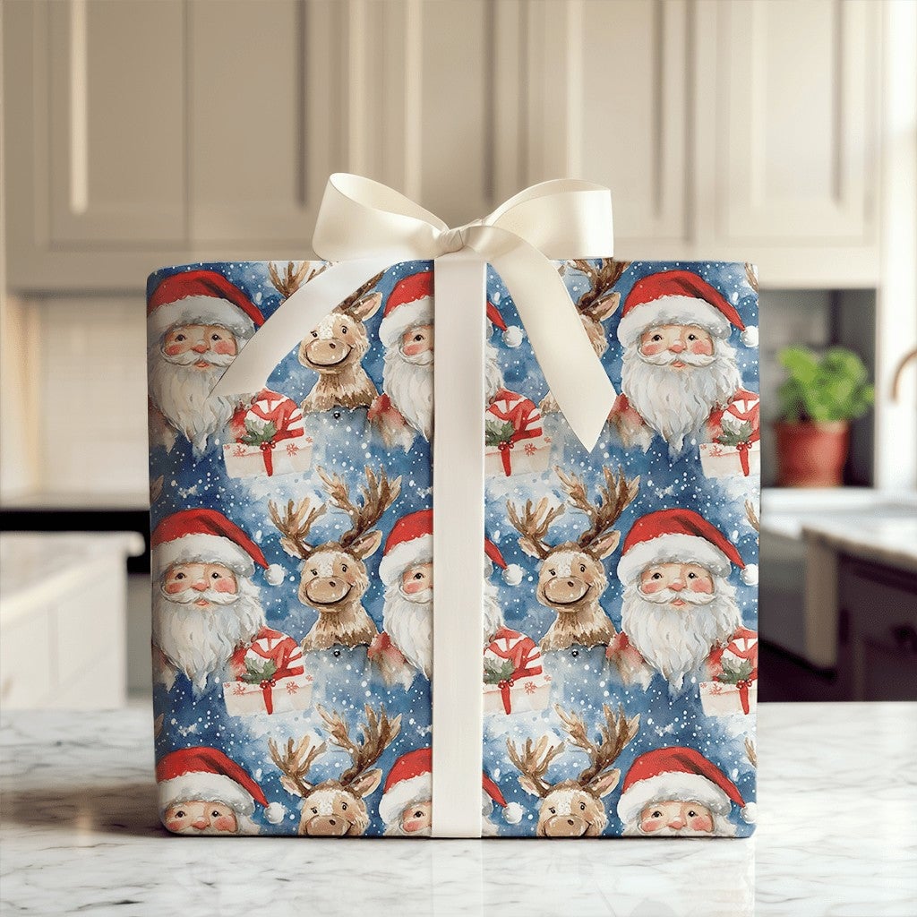 Festive Christmas Gift Wrap, Watercolor Santa and Reindeer Wrapping Paper, Holiday Present Paper, Xmas Gift Wrap Supplies