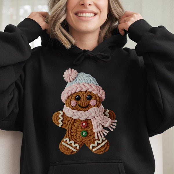 Knitted Yarn Texture Christmas Sweatshirt, Adorable Gingerbread Man Hoodie, Comfy Holiday Cookie Pullover, Retro Winter Xmas 