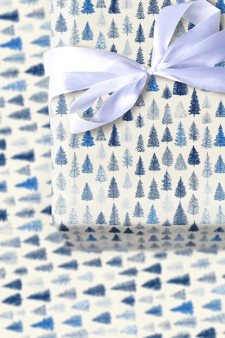 Winter Forest Holiday Gift Wrap, Blue Pine Tree Wrapping Paper, Woodland Pine Tree Wrapping Paper, Christmas Tree Gift Wrap R