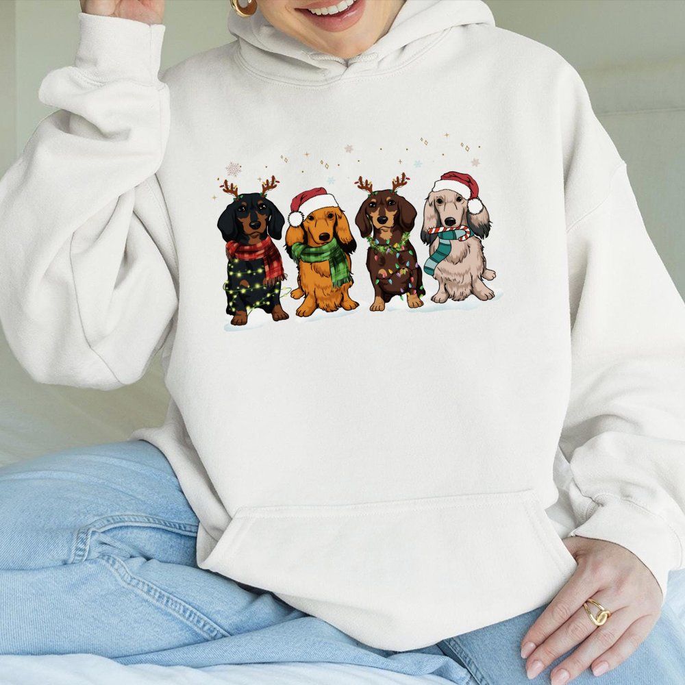Festive Weiner Dog Holiday Sweatshirt, Dachshund Christmas Hoodie, Adorable Xmas Dog Lover Pullover, Comfy Dachshund Mom Hood