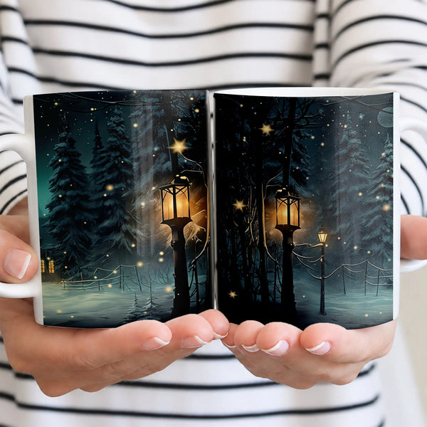 Glowing Lanterns Snowy Pine Trees Coffee Mug, Enchanted Winter Forest Ceramic Mug, Comfy Landscape Tea Cup, Christmas Holiday