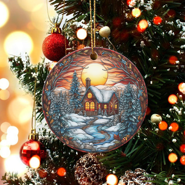 Stained Glass Winter Cabin Ornament, Winter Cabin Christmas Ornament, Ceramic Holiday Tree Ornament, Rustic Xmas Keepsake, Wi