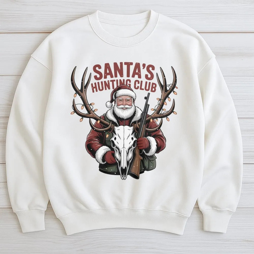 Humorous Christmas Deer Hunter Sweatshirt, Santa's Hunting Club Sweatshirt, Outdoor Holiday Graphic Crewneck