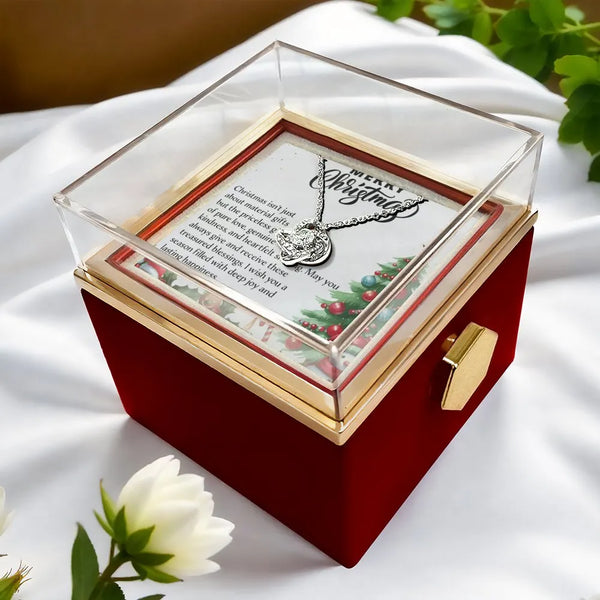 Holiday Knot Pendant, Merry Christmas Love Knot Necklace, CZ Crystal Love Knot Jewelry, Rotating Rose Box Necklace, Xmas Pres