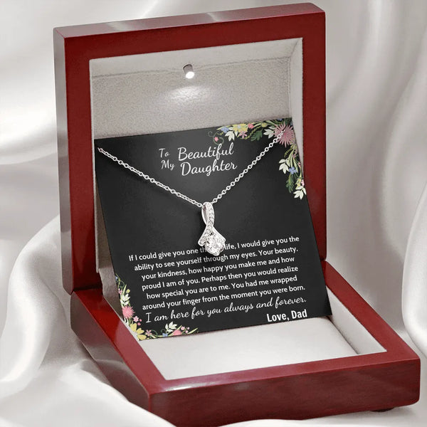 Cubic Zirconia Ribbon Pendant, Daughter Ribbon Necklace from Dad, 14k White Gold Finish Necklace, Birthday Christmas Present 