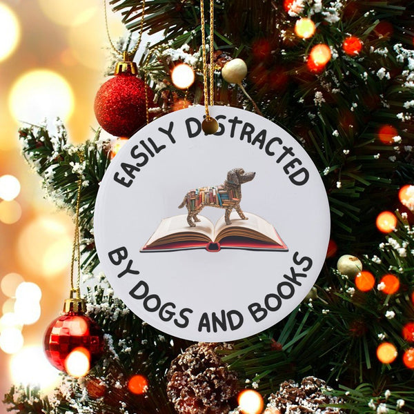 Adorable Dog Reader Christmas Ornament, Easily Distracted by Dogs and Books Ornament, Book Lover Ceramic Tree Ornament, Dog M