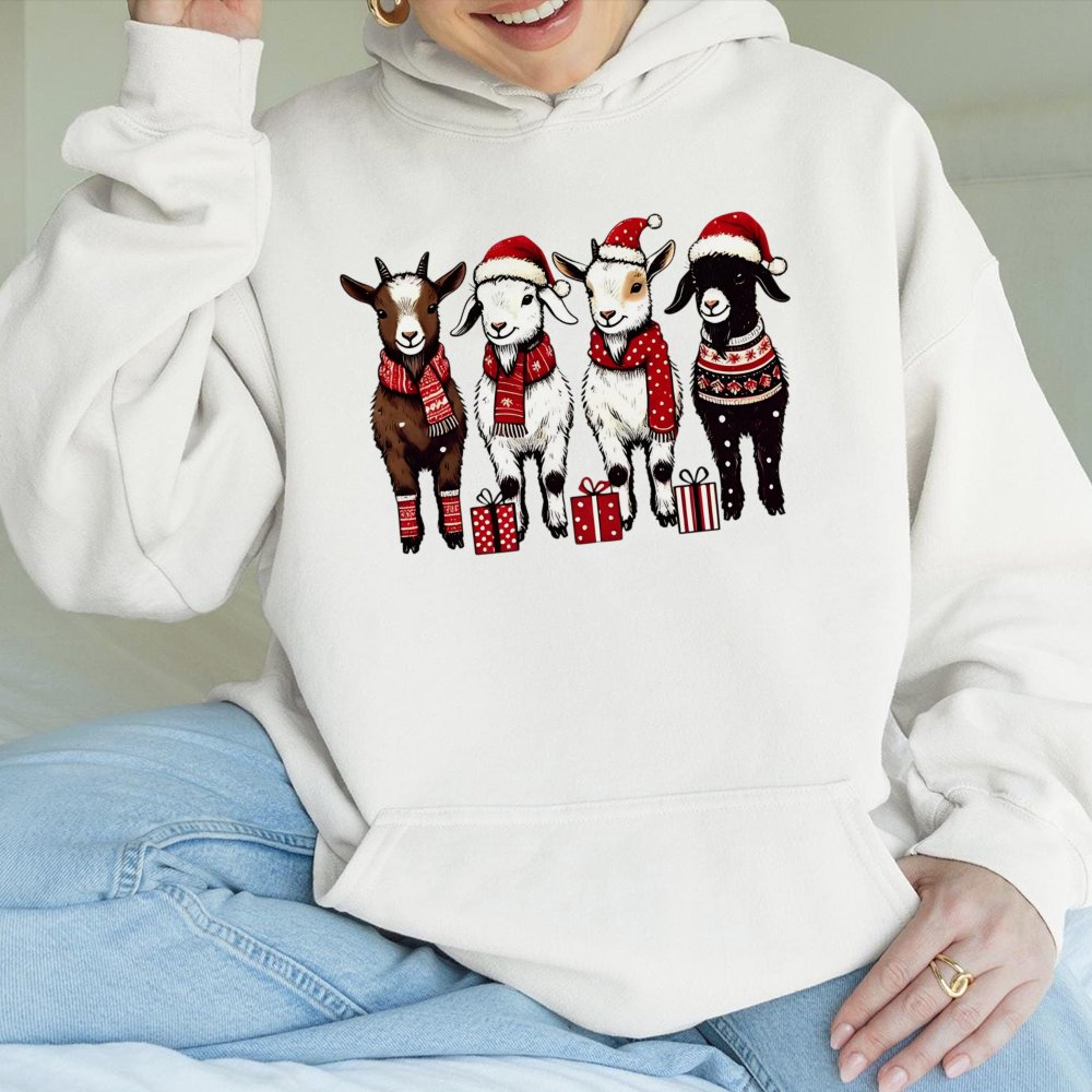 Adorable Farm Animal Holiday Sweatshirt, Humorous Christmas Goat Hoodie, Xmas Goat Hooded Sweater, Festive Winter Goat Pullov