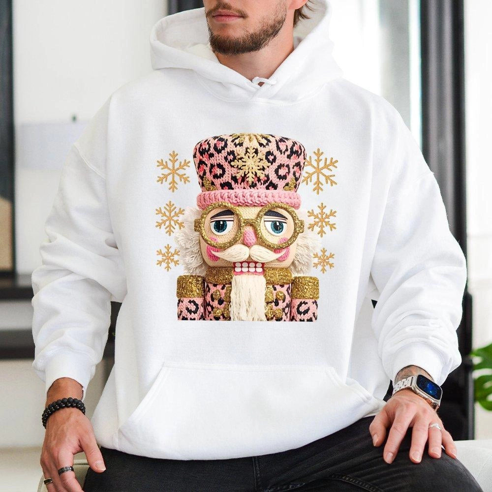 Adorable Holiday Graphic Hoodie, Pink Leopard Nutcracker Christmas Hoodie, Preppy Winter Ballet Hooded Sweatshirt, Comfy Xmas
