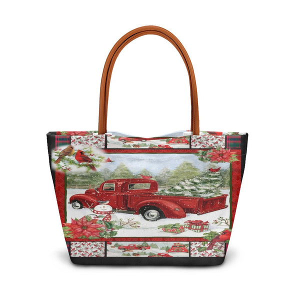 Winter Snowman Cardinal Tote Bag, Christmas Red Truck Tote Bag, Vintage Holiday Farmhouse Tote Bag, Retro Xmas Handbag, Prese