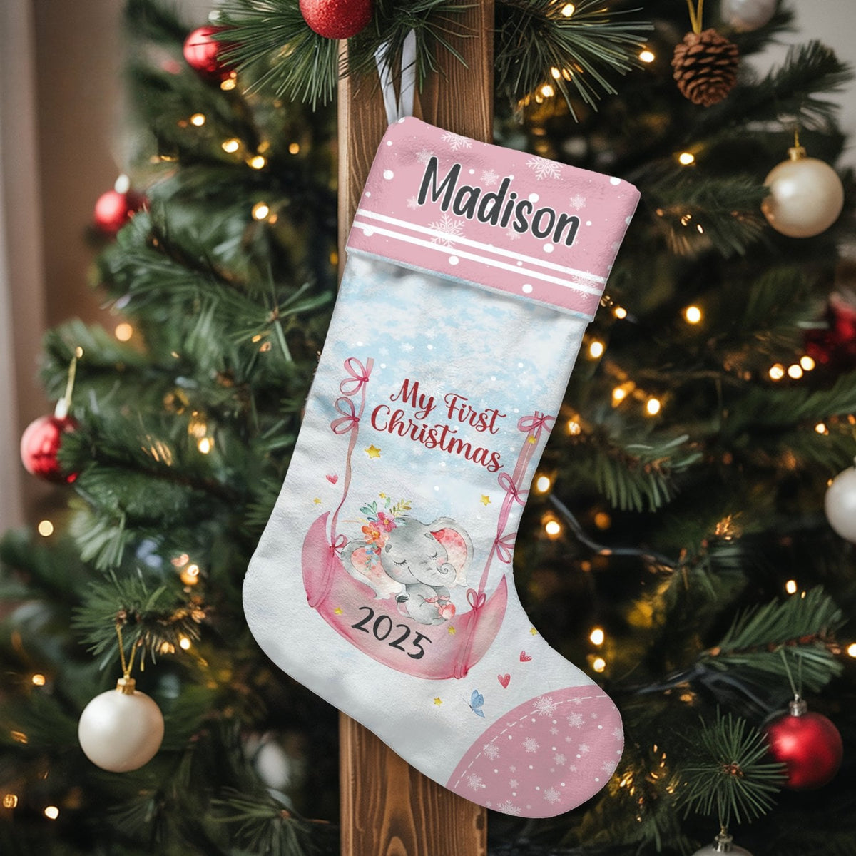 Baby First Christmas 2025 Stocking, Personalized Elephant Christmas Stocking, Custom Name Holiday Stocking, Adorable Baby Sho