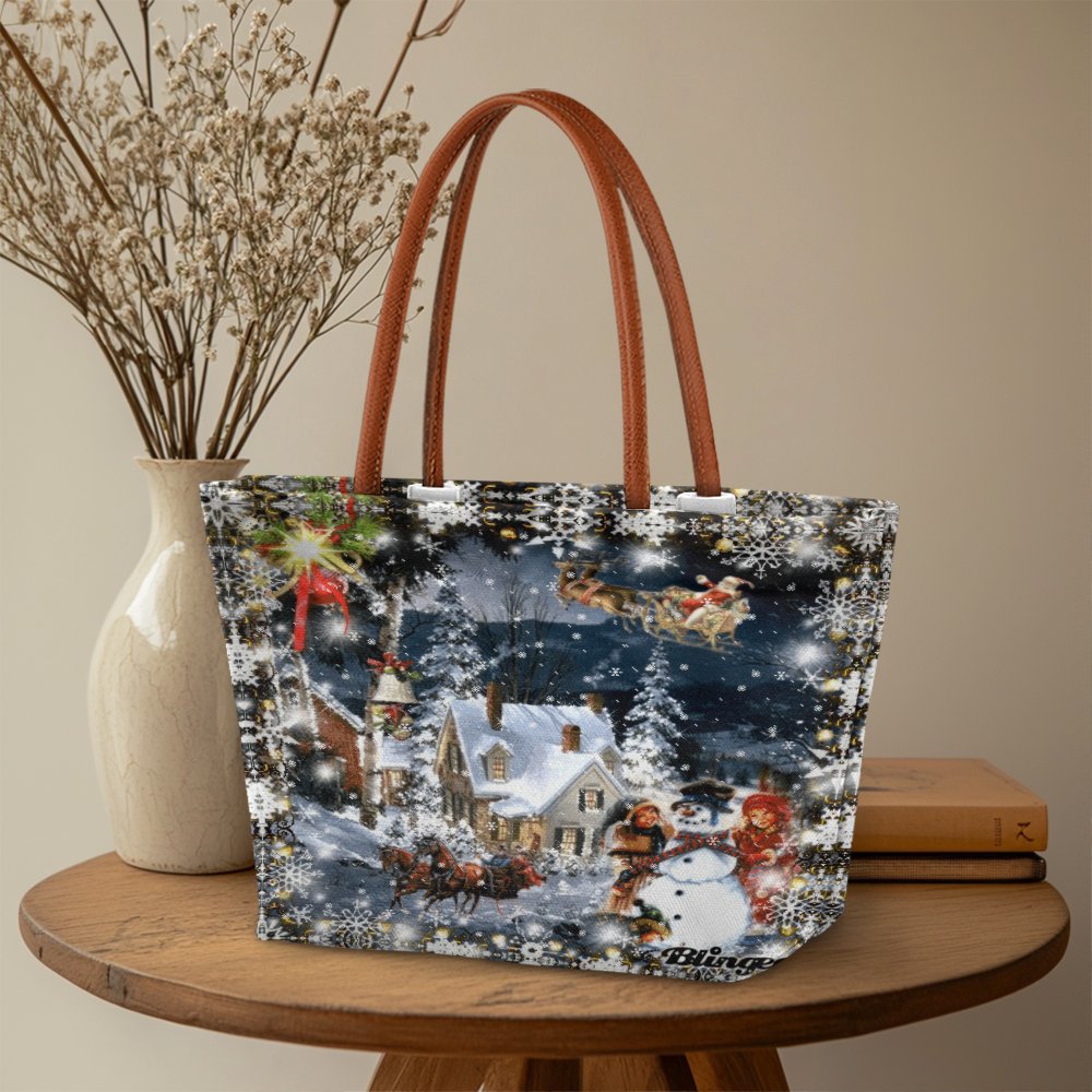 Santa Sleigh and Snowman Tote Bag, Vintage Christmas Scene Tote Bag, Retro Holiday Tote Bag, Winter Shoulder Bag, Festive Xma