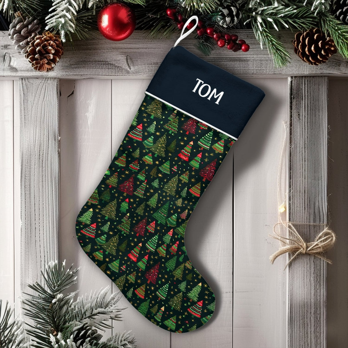 Custom Name Holiday Stocking, Personalized Christmas Tree Stocking, Festive Pattern Xmas Stocking, Comfy Winter Fireplace Man