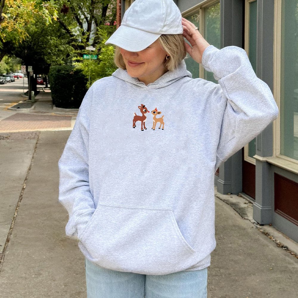 Minimalist Holiday Hooded Sweatshirt, Reindeer Couple Christmas Hoodie, Adorable Xmas Winter Pullover, Matching Couple Christ