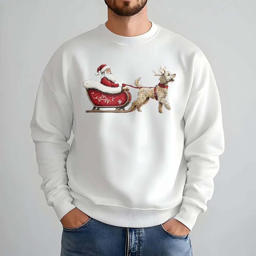 Santa Sleigh Dog Lover Sweatshirt, Goldendoodle Christmas Sweatshirt, Adorable Xmas Puppy Graphic Crewneck, Holiday Pet Owner
