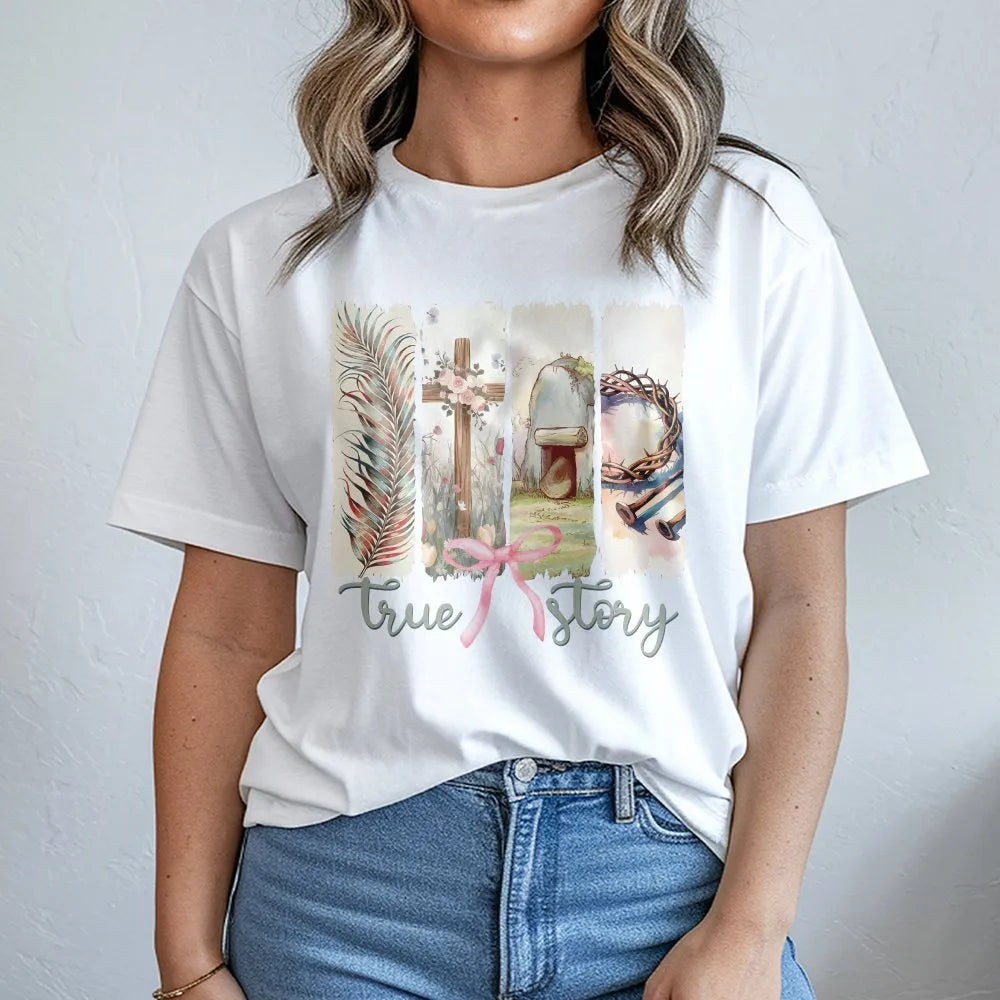 Christian Easter T-Shirt | He Is Risen Coquette Bow Graphic | Soft Cotton Tee | Faith Based Gift for Women