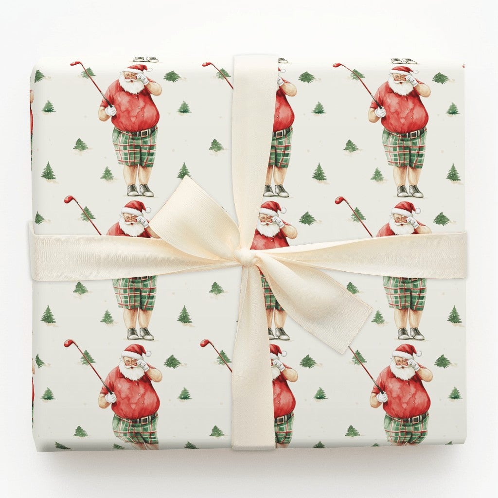 Humorous Christmas Golf Gift Wrap, Golfing Santa Wrapping Paper, Golfer Holiday Wrapping Paper, Plaid Shorts Santa Christmas 