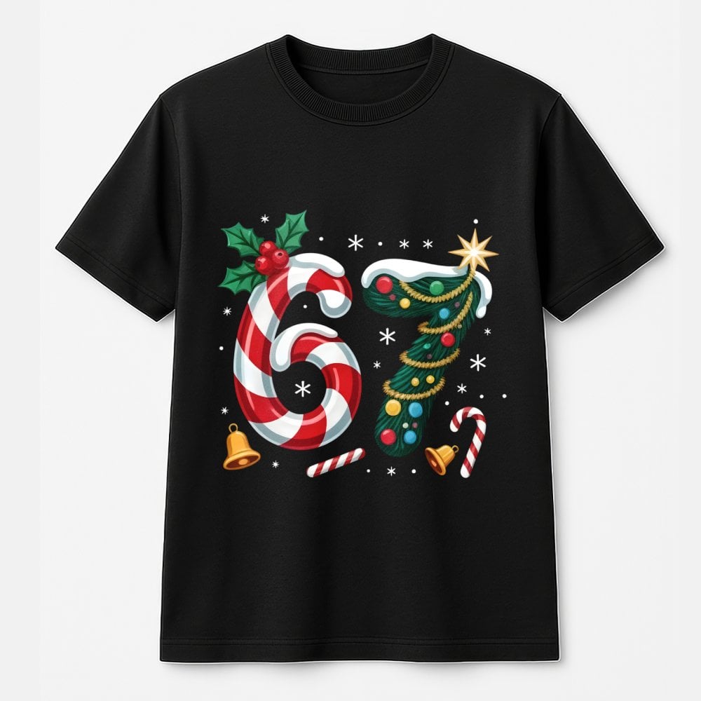 Candy Cane Holiday Tree Shirt, Number 67 Christmas T-Shirt, Festive Number Graphic Tee, Winter Birthday T-Shirt, Xmas Holiday