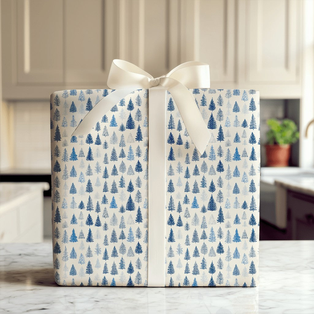 Winter Forest Holiday Gift Wrap, Blue Pine Tree Wrapping Paper, Woodland Pine Tree Wrapping Paper, Christmas Tree Gift Wrap R