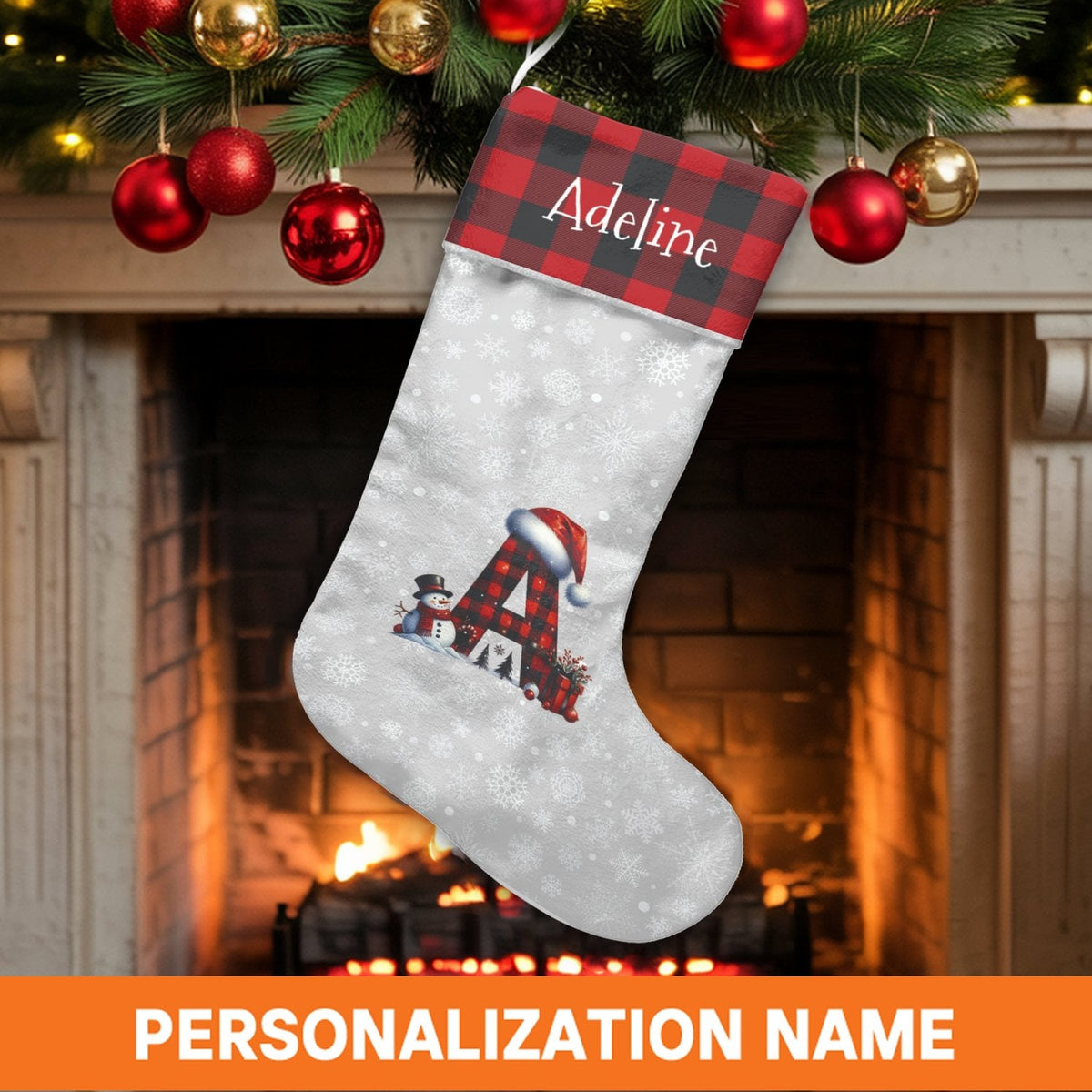 Buffalo Plaid Custom Name Stocking, Personalized Initial A Christmas Stocking, Rustic Monogram Holiday Stocking, Family Mantl
