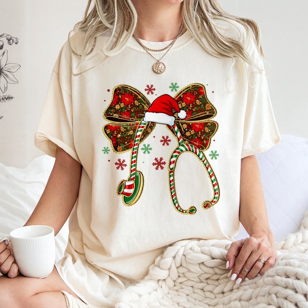 Coquette Bow Stethoscope Shirt, Christmas Nurse T-Shirt, Adorable Healthcare Holiday Tee, RN Medical Graphic T-Shirt, Nurse C