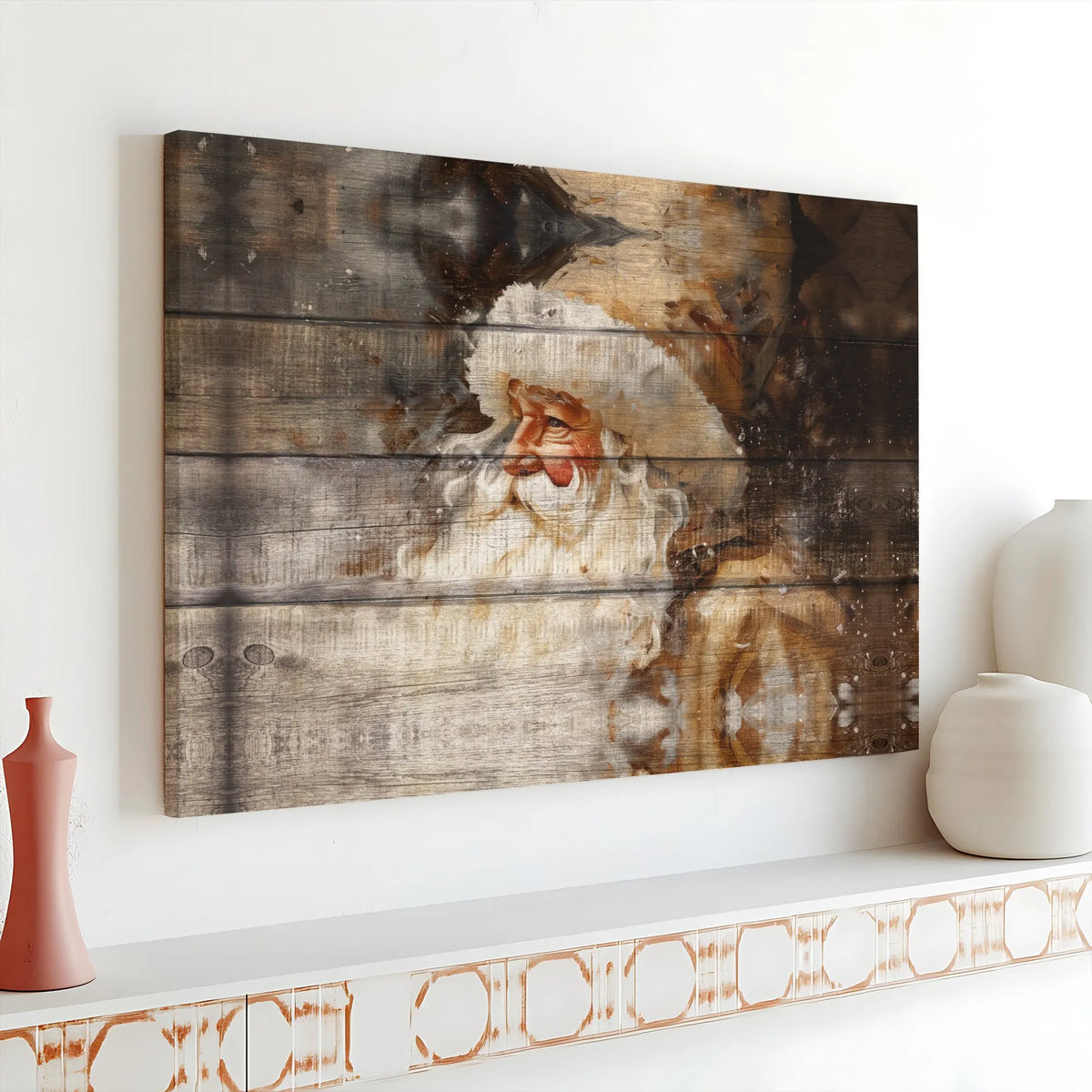Vintage Wood Grain Holiday Canvas Art, Rustic Santa Claus Canvas, Christmas Farmhouse Canvas Print, Winter Wall Decor, Xmas H