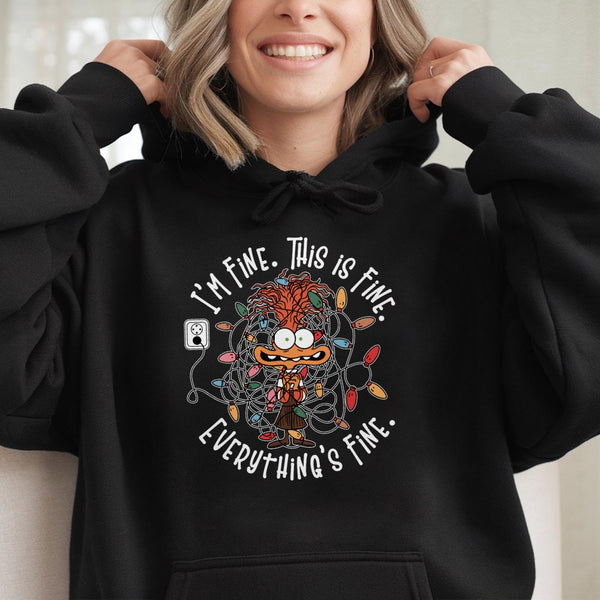 Humorous Christmas Lights Graphic Sweatshirt, This Is Fine Christmas Hoodie, Stressed Adult Xmas Pullover, Sarcastic Holiday 